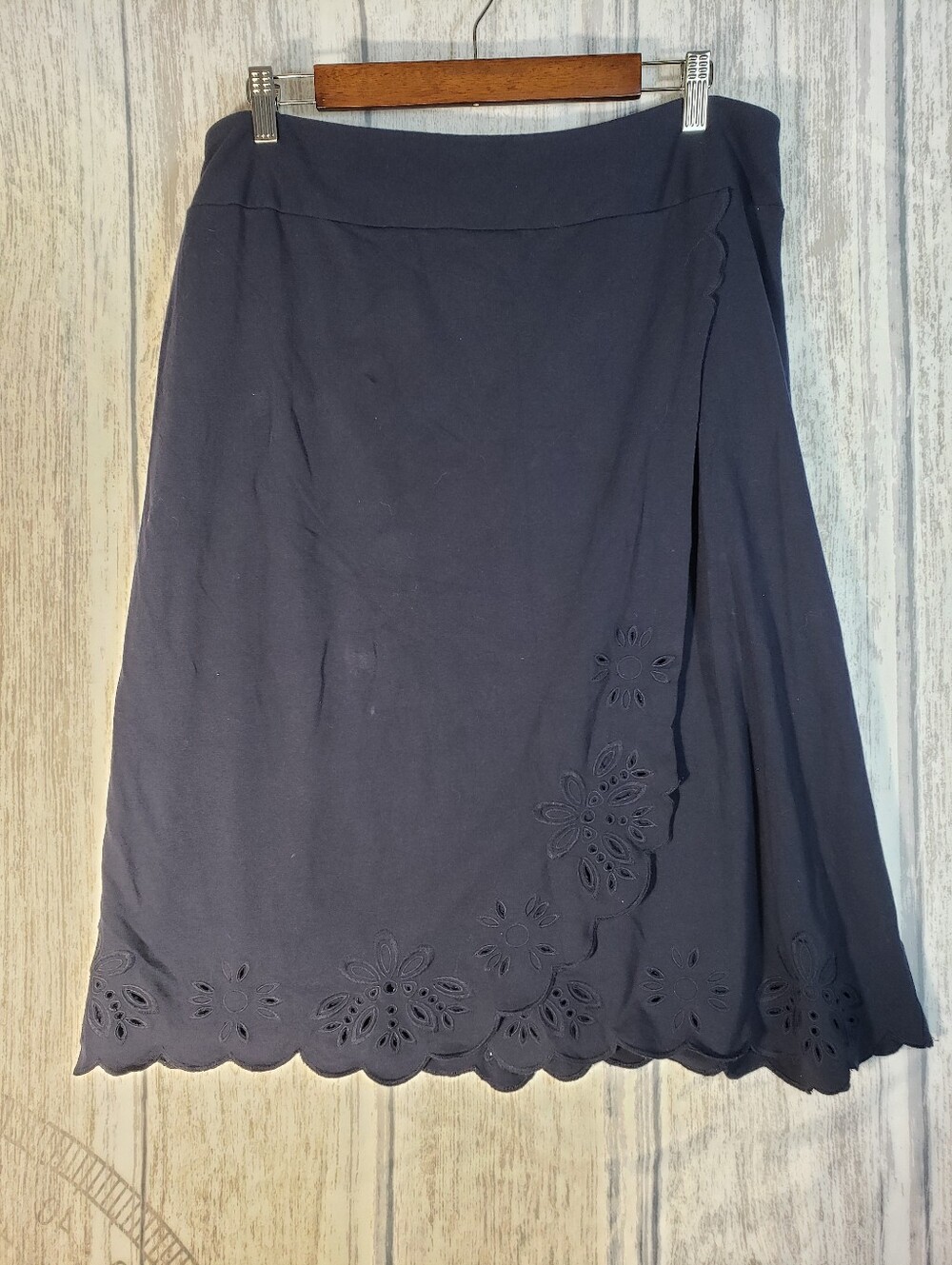 Talbots Navy Scallop Hem Eyelet Faux-Wrap Skirt Cotton Modal Size XL Petite